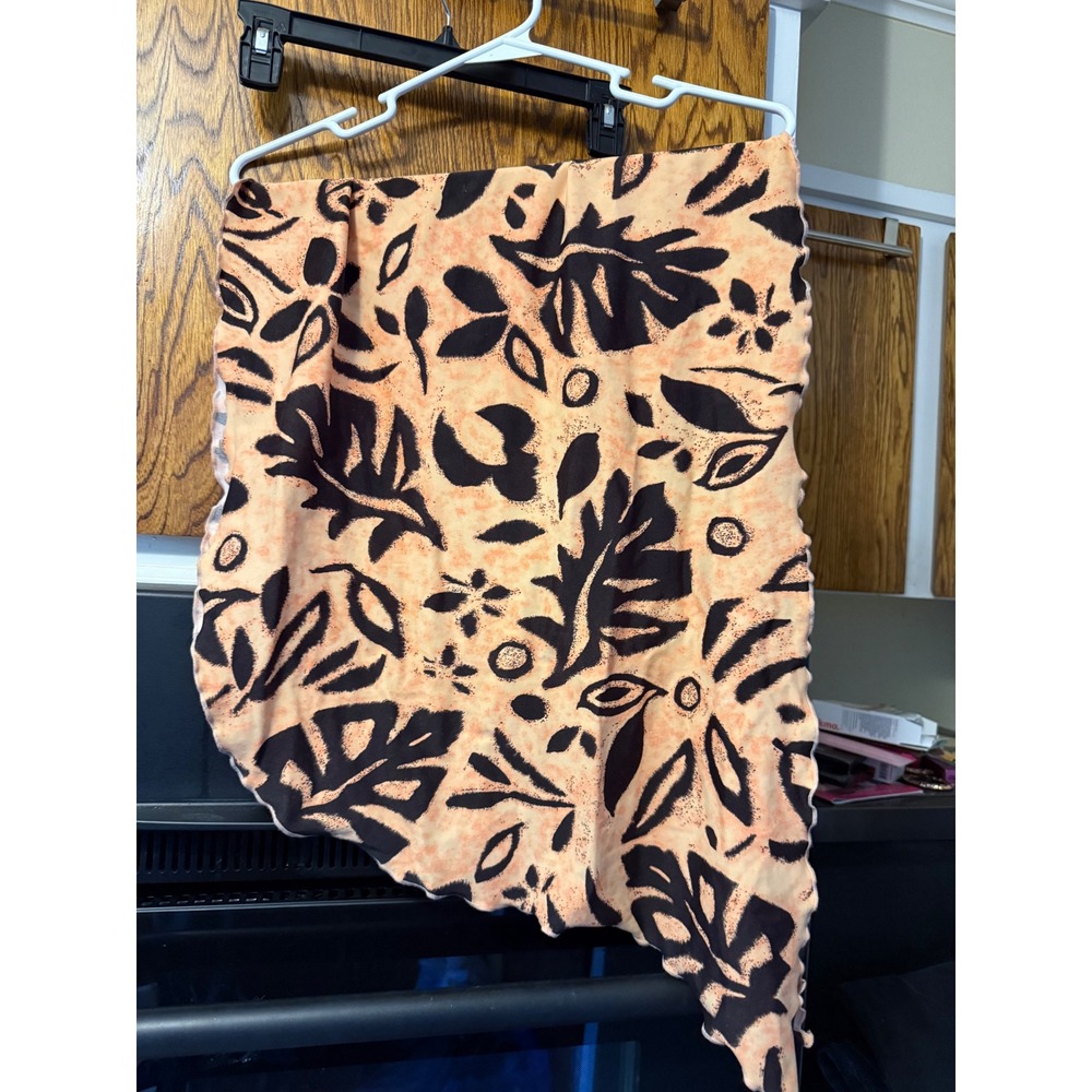 Asymmetrical Tropical Leaf PrintSkirt Orange Black Lettuce Edge Handkerchief Hem